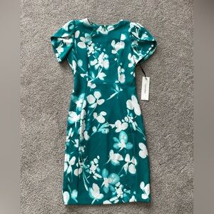 NEW Womens Calvin Klein Teal and White Floral Tulip Sleeve Sheath Dress- Size 4P